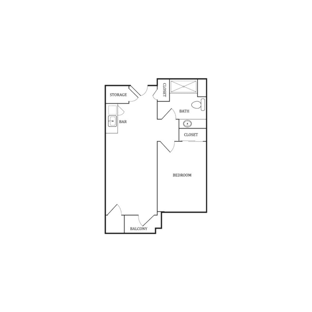 Acacia Springs 3D layout for a "One Bedroom" apartment with 539 square feet. It includes one bedroom, one bathroom, and a combined living room and kitchenette.