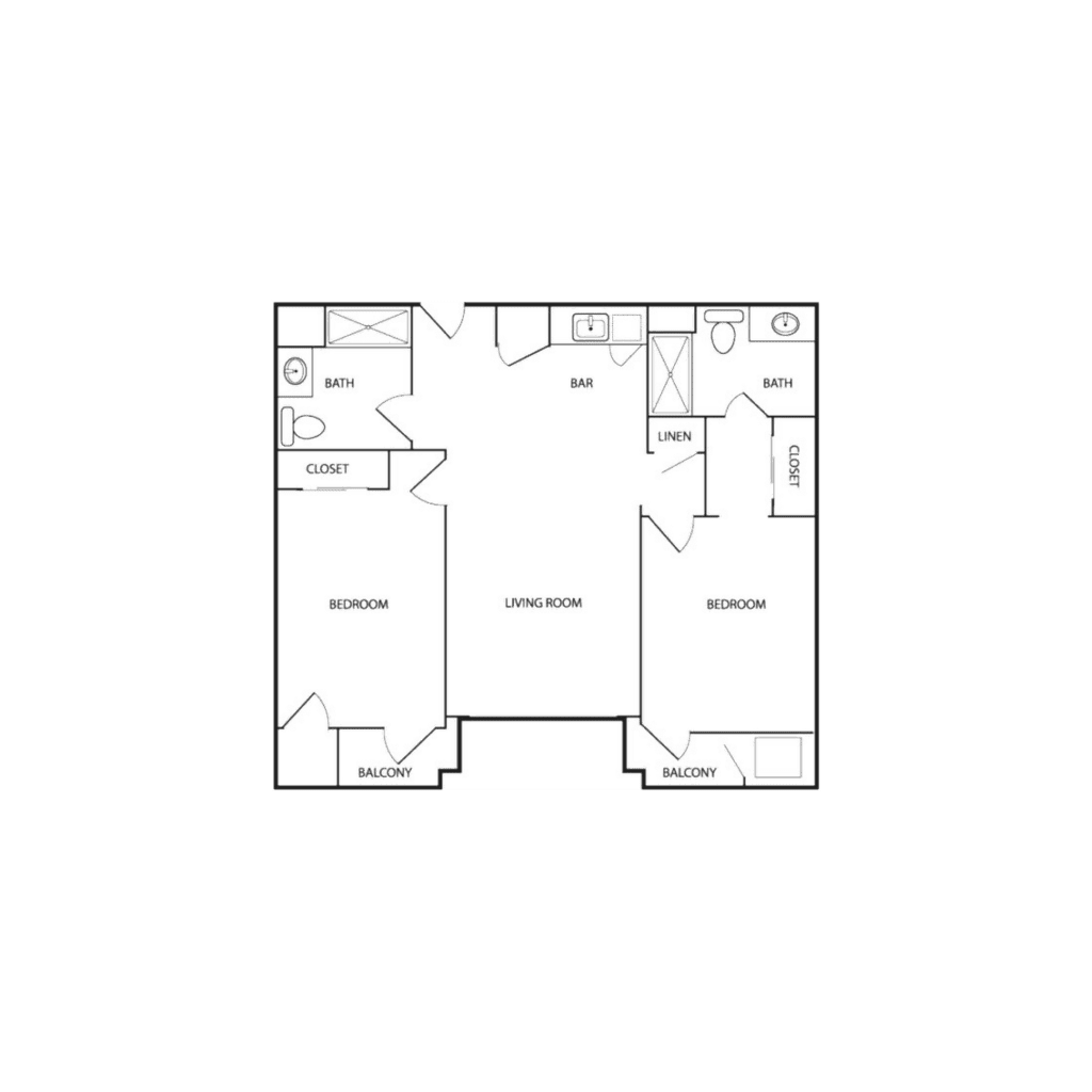 Acacia Springs 3D layout for a "Two Bedroom, Two Bath" apartment with 869 square feet. It includes two bedrooms, two bathrooms, and a combined living room and kitchenette.